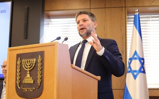 Finance Minister Bezalel Smotrich speaks at a press conference on Nov. 2 in Jerusalem. (Courtesy of Finance Ministry)