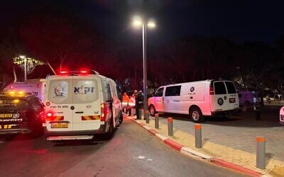 First responders work the scene of a murder in south Tel Aviv on November 13, 2025. (ZAKA via X) First responders work the scene of a murder in south Tel Aviv on November 13, 2025. (ZAKA via X)