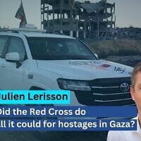 Julien Lerisson (courtesy)/ A Red Cross vehicle carrying the remains of a deceased hostage handed over by Hamas militants heads toward the border crossing with Israel for transfer to Israeli authorities, in Beit Lahiya in the northern Gaza Strip, December 3, 2025. (AP Photo/Jehad Alshrafi)