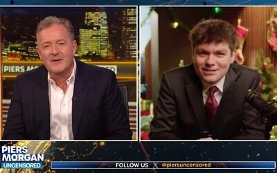 Piers Morgan, left, interviews Nick Fuentes on an episode of Morgan's YouTube show, December 8, 2025. (Screenshot via JTA)