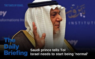 Illustrative: Saudi Prince Turki al-Faisal talks to the Associated Press in Abu Dhabi, United Arab Emirates, November 24, 2018. (AP Photo/Kamran Jebreili) Illustrative: Saudi Prince Turki al-Faisal talks to the Associated Press in Abu Dhabi, United Arab Emirates, November 24, 2018. (AP Photo/Kamran Jebreili)