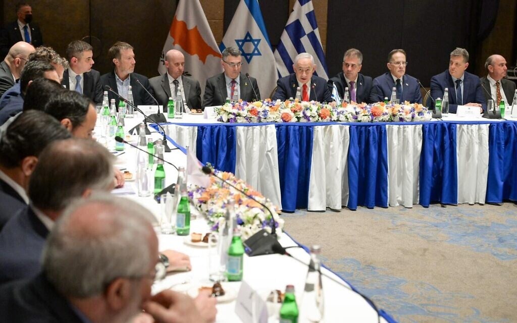 Prime Minister Benjamin Netanyahu, Greek Prime Minister Kyriakos Mitsotakis, Cypriot President Nikos Christodoulides and their teams meet in Jerusalem, December 22, 2025. (Maayan Toaf/GPO)
