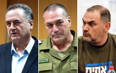 L-R: Defense Minister Israel Katz speaks at a ceremony marking the entry of a new military advocate general to the role, November 27, 2025. (Israel Defense Forces); IDF Chief of Staff Lt. Gen. Eyal Zamir speaks at a ceremony marking the entry of a new military advocate general to the role, November 27, 2025. (Israel Defense Forces); Col. (res.) German Giltman at a press conference in Tel Aviv, March 21, 2023. (REUTERS/Amir Cohen)