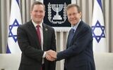 US Ambassador to the United Nations Mike Waltz, (left) meets President Isaac Herzog in Jerusalem, December 10, 2025. (Maayan Toaf/GPO)