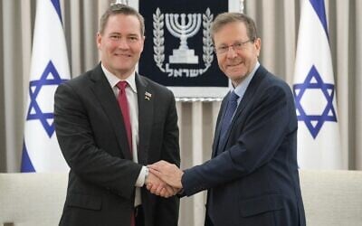 US Ambassador to the United Nations Mike Waltz, (left) meets President Isaac Herzog in Jerusalem, December 10, 2025. (Maayan Toaf/GPO) US Ambassador to the United Nations Mike Waltz, (left) meets President Isaac Herzog in Jerusalem, December 10, 2025. (Maayan Toaf/GPO)