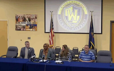 Wissahickon Superintendent of Schools Mwenyewe Dawan (second from left) and School Board President Amy Ginsburg (third from left) speak at a press conference on December 19, 2025. (Screenshot via JTA) Wissahickon Superintendent of Schools Mwenyewe Dawan (second from left) and School Board President Amy Ginsburg (third from left) speak at a press conference on December 19, 2025. (Screenshot via JTA)