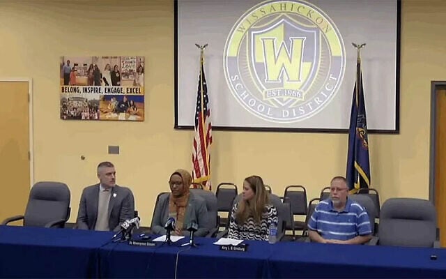 Wissahickon Superintendent of Schools Mwenyewe Dawan (second from left) and School Board President Amy Ginsburg (third from left) speak at a press conference on December 19, 2025. (Screenshot via JTA) Wissahickon Superintendent of Schools Mwenyewe Dawan (second from left) and School Board President Amy Ginsburg (third from left) speak at a press conference on December 19, 2025. (Screenshot via JTA)