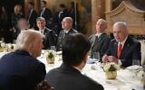 Prime Minister Benjamin Netanyahu (right) and US President Donald Trump (left, foreground) meet with their teams at Mar-a-Lago in Florida, December 29, 2025. On the left in the background (seated, unblurred) is Israeli-American businessman Michael Eisenberg, Netanyahu's pointman to the Civil-Military Coordination Center in Kiryat Gat. (Amos Ben Gershom/GPO)