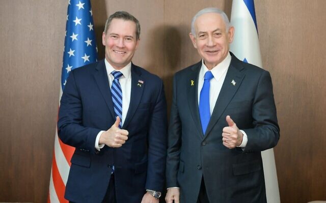 US ambassador to the UN Mike Waltz (L) meets with Prime Minister Benjamin Netanyahu in Jerusalem on December 8, 2025. (Maayan Toaf/GPO)