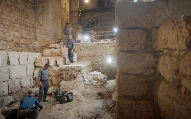Archaeologists uncover a section of the Jerusalem wall built in Hasmonean times (2nd century BCE) in the complex of the Tower of David Jerusalem Museum in the Old City, in a discovery announced on December 8, 2025. (Gabriel Volkovich/ Tower of David Jerusalem Museum)