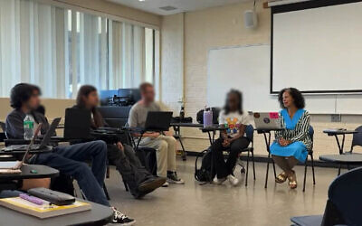 Professor Melina Abdullah (R) speaks to a class at California State University, Los Angeles, September 18, 2025. (Screenshot/ YouTube)