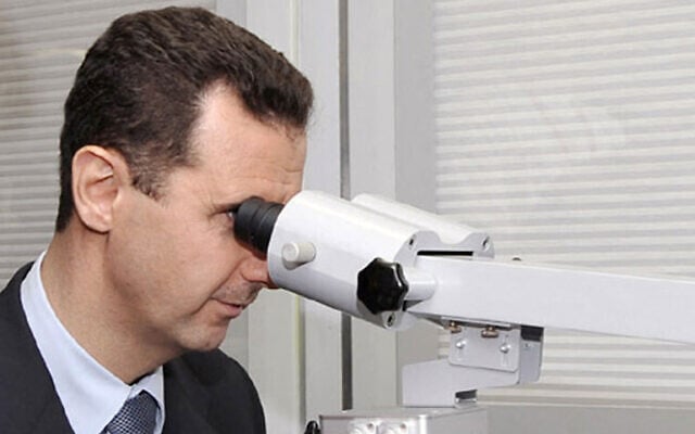 Illustrative: Syria's then-president Bashar al-Assad visits the Flying Eye Hospital of the international ORBIS Charity at Aleppo international airport, on June 25, 2008. (AFP PHOTO/HO/SANA) Illustrative: Syria's then-president Bashar al-Assad visits the Flying Eye Hospital of the international ORBIS Charity at Aleppo international airport, on June 25, 2008. (AFP PHOTO/HO/SANA)