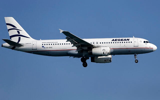 Illustrative: An Airbus A320-232 plane from Greek carrier Aegean Airlines prepares to land at Larnaca Airport, in southern Cyprus, on August 17, 2018. (Matthieu CLAVEL / AFP) Illustrative: An Airbus A320-232 plane from Greek carrier Aegean Airlines prepares to land at Larnaca Airport, in southern Cyprus, on August 17, 2018. (Matthieu CLAVEL / AFP)