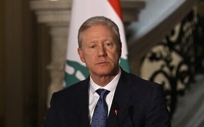Lebanon's Foreign Minister Youssef Rajji speaks during a joint press conference with his counterpart from Egypt at the Foreign Ministry headquarters in Cairo on April 22, 2025. (Khaled Desouki/AFP)