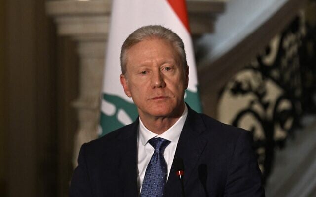 Lebanon's Foreign Minister Youssef Rajji speaks during a joint press conference with his counterpart from Egypt at the Foreign Ministry headquarters in Cairo on April 22, 2025. (Khaled Desouki/AFP)