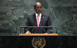 Somali President Hassan Sheikh Mohamud speaks during the United Nations General Assembly at UN headquarters in New York City on September 25, 2025. (TIMOTHY A. CLARY / AFP)