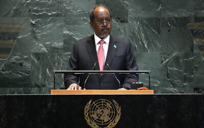 Somali President Hassan Sheikh Mohamud speaks during the United Nations General Assembly at UN headquarters in New York City on September 25, 2025. (TIMOTHY A. CLARY / AFP)