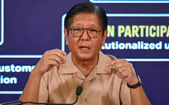 Philippines' President Ferdinand Marcos Jr. speaks during a press conference at Malacanang Palace in Manila on November 13, 2025. (Jam STA ROSA / AFP)
