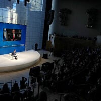Andrew Ross Sorkin interviews Israeli Prime Minister Benjamin Netanyahu remotely onstage during The New York Times DealBook Summit 2025 at Jazz at Lincoln Center on December 03, 2025 in New York City (David Dee Delgado / Getty Images via AFP)