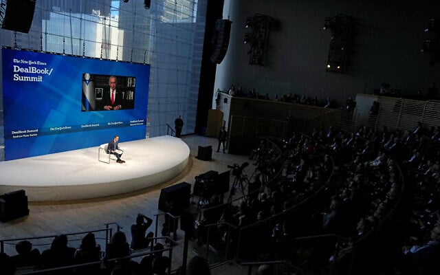 Andrew Ross Sorkin interviews Israeli Prime Minister Benjamin Netanyahu remotely onstage during The New York Times DealBook Summit 2025 at Jazz at Lincoln Center on December 03, 2025 in New York City (David Dee Delgado / Getty Images via AFP)