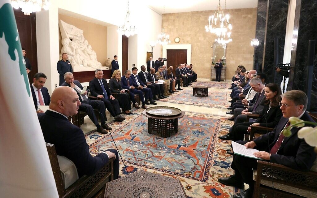 A handout photograph released by the Lebanese presidency's press office shows Lebanese President Joseph Aoun (L) speaking with Slovenia's UN Ambassador Samuel Zbogar (R) during a meeting with a United Nations Security Council delegation at the Presidential Palace of Baabda, east of Beirut, on December 5, 2025. (Handout / Lebanese Presidency / AFP) A handout photograph released by the Lebanese presidency's press office shows Lebanese President Joseph Aoun (L) speaking with Slovenia's UN Ambassador Samuel Zbogar (R) during a meeting with a United Nations Security Council delegation at the Presidential Palace of Baabda, east of Beirut, on December 5, 2025. (Handout / Lebanese Presidency / AFP)