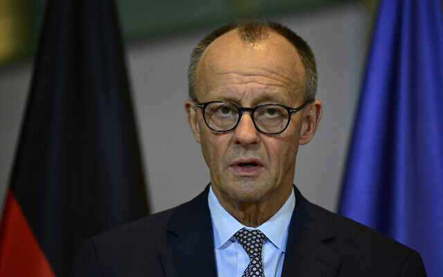 German Chancellor Friedrich Merz delivers a statement at the Chancellery in Berlin, Germany, after a hotly contested pensions bill passed Germany's Bundestag, the lower house of parliament, on December 5, 2025. (John MACDOUGALL / AFP)