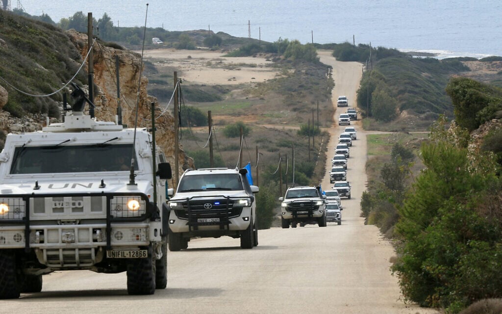FILE: A convoy carrying a UN security council delegation, tours the border with Israel close to the southern Lebanese area of Naqura, December 6, 2025. (Mahmoud Zayyat/AFP) FILE: A convoy carrying a UN security council delegation, tours the border with Israel close to the southern Lebanese area of Naqura, December 6, 2025. (Mahmoud Zayyat/AFP)