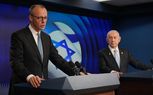 German Chancellor Friedrich Merz (left) speaks during a joint press conference with Israeli Prime Minister Benjamin Netanyahu in Jerusalem on December 7, 2025. (Ariel Schalit/POOL/AFP) German Chancellor Friedrich Merz (left) speaks during a joint press conference with Israeli Prime Minister Benjamin Netanyahu in Jerusalem on December 7, 2025. (Ariel Schalit/POOL/AFP)