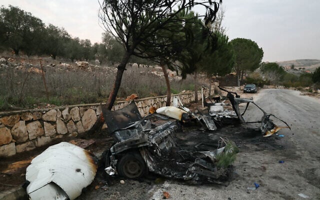 The wreckage of a vehicle targeted by an Israeli airstrike on the road linking the southern Lebanese border village of Odeisseh to Markaba, on December 16, 2025. (Rabih Daher/ AFP) The wreckage of a vehicle targeted by an Israeli airstrike on the road linking the southern Lebanese border village of Odeisseh to Markaba, on December 16, 2025. (Rabih Daher/ AFP)