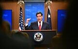 US Secretary of State Marco Rubio gestures as he speaks during an end-of-year press conference in the State Department Press Briefing Room in Washington, DC on December 19, 2025. (Photo by Mandel NGAN / AFP)