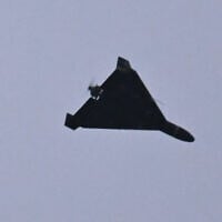 A photograph taken on December 27, 2025, shows an Iranian-designed Shahed 136 (Geranium-2) drone used by the Russian Army flying over Kyiv during a Russian drone and missile attack, amid the Russian invasion in Ukraine. (Sergei Supinsky/AFP)