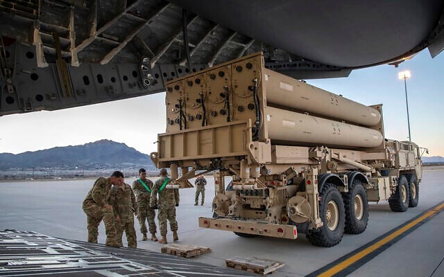 This image provided by the US Air Force shows the US Army Terminal High Altitude Area Defense (THAAD) launching station preparing to load onto a 4th Airlift Squadron C-17 Globemaster III at Fort Bliss, Texas, February 23, 2019. (Staff Sgt. Cory D. Payne/US Air Force via AP) This image provided by the US Air Force shows the US Army Terminal High Altitude Area Defense (THAAD) launching station preparing to load onto a 4th Airlift Squadron C-17 Globemaster III at Fort Bliss, Texas, February 23, 2019. (Staff Sgt. Cory D. Payne/US Air Force via AP)