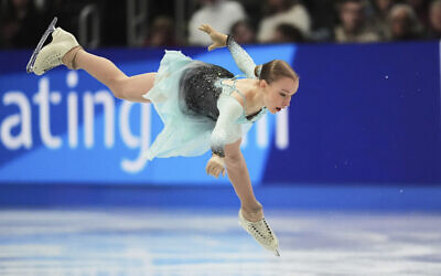 Mariia Seniuk of Israel performs during the women's short program at the figure skating world championships, March 26, 2025, in Boston. (AP/Charles Krupa)