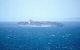 A Maersk cargo ship crosses the Gibraltar Strait near Tangier Med Port, Morocco, April 20, 2025. (AP Photo/Mosa'ab Elshamy)