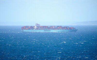 A Maersk cargo ship crosses the Gibraltar Strait near Tangier Med Port, Morocco, April 20, 2025. (AP Photo/Mosa'ab Elshamy)