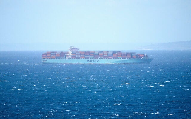 A Maersk cargo ship crosses the Gibraltar Strait near Tangier Med Port, Morocco, April 20, 2025. (AP Photo/Mosa'ab Elshamy)