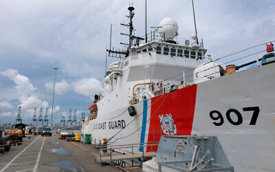 The US Coast Guard Cutter Escanaba sits docked during a visit with crew by US Homeland Security Secretary Kristi Noem, in Panama City, June 24, 2025. (Anna Moneymaker/Pool photo via AP)