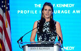 Tatiana Schlossberg, the daughter of Caroline Kennedy and Edwin Schlossberg, addresses an audience during the John F. Kennedy Profile in Courage Award ceremony, at the John F. Kennedy Presidential Library and Museum in Boston, October 29, 2023. (AP/Steven Senne, File)