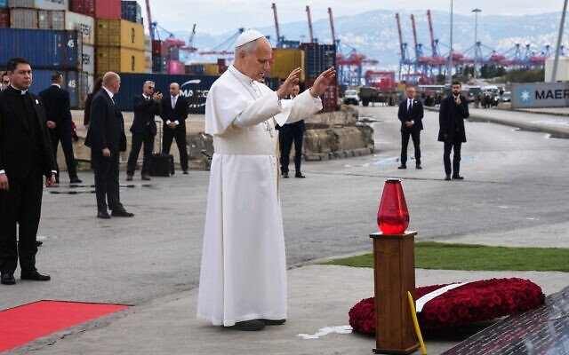 Pope Leo XIV holds a moment of prayer at the site of the 2020 Beirut port explosion in Beirut, Lebanon, December 2, 2025. (Domenico Stinellis/AP) Pope Leo XIV holds a moment of prayer at the site of the 2020 Beirut port explosion in Beirut, Lebanon, December 2, 2025. (Domenico Stinellis/AP)