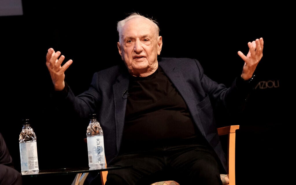 FILE - Architect Frank Gehry describes his concert hall design at the Colburn School during an unveiling in downtown Los Angeles on March 16, 2022. (AP Photo/Richard Vogel, File)