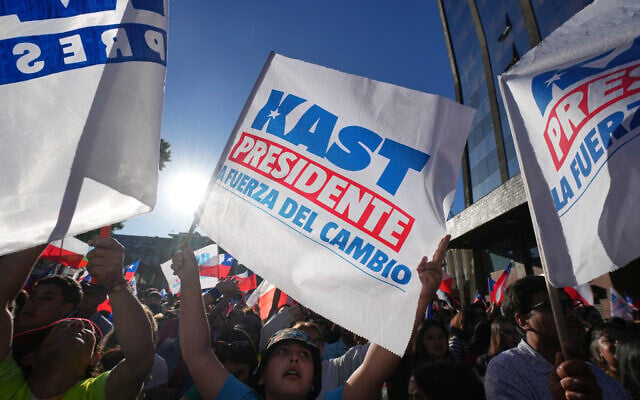Supporters of presidential candidate Jose Antonio Kast, of the Republican Party, attend a rally ahead of the presidential runoff election in Temuco, Chile, December 11, 2025. (AP/Esteban Felix) Supporters of presidential candidate Jose Antonio Kast, of the Republican Party, attend a rally ahead of the presidential runoff election in Temuco, Chile, December 11, 2025. (AP/Esteban Felix)