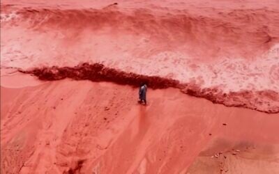 This picture, taken from video, shows a person walking along the coastline of the famed coastline of Iran's Hormuz Island's after the rain transformed it into a striking natural scene, December 16, 2025. (AP Photo)