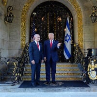 US President Donald Trump greets Prime Minister Benjamin Netanyahu at Trump's Mar-a-Lago club, December 29, 2025, in Palm Beach, Florida. (AP/Alex Brandon)