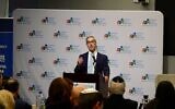 Rabbi Elliot Cosgrove speaks at an American Zionist Movement event in New York City, December 8, 2025. (Luke Tress/ Times of Israel)