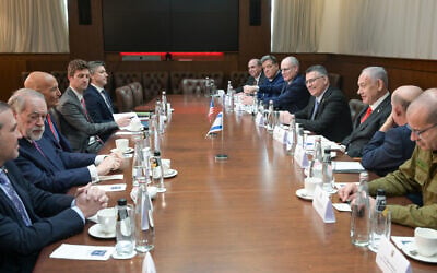 Prime Minister Benjamin Netanyahu (right) hosts US Ambassador to Turkey and Special Envoy to Syria and Lebanon Tom Barrack (third from left), in Jerusalem on December 15, 2025. (Maayan Toaf / GPO)