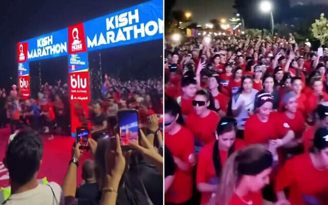 A combo image from screenshots of social media videos showing hundreds of unveiled women running at the Kish island marathon in Iran, December 5, 2025. (X)