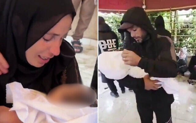 Gazan parents hold the body of their 8-month-old daughter, Rahaf Abu Jazar, at Nasser Hospital in Khan Younis, in the southern Gaza Strip, December 11, 2025. (Social media, used in accordance with Clause 27a of the Copyright Law) Gazan parents hold the body of their 8-month-old daughter, Rahaf Abu Jazar, at Nasser Hospital in Khan Younis, in the southern Gaza Strip, December 11, 2025. (Social media, used in accordance with Clause 27a of the Copyright Law)