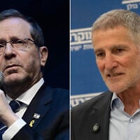 L-R: President Isaac Herzog attends a conference organized by the Defense Ministry Rehabilitation Department held at the Tel Aviv University, March 25, 2025. (Tomer Neuberg/FLASH90); Democrats leader Yair Golan leads a faction meeting at the Knesset, the Israeli parliament in Jerusalem, on October 27, 2025. (Yonatan Sindel/Flash90)