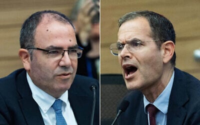L-R: Deputy Attorney General Gil Limon at a Constitution, Law and Justice Committee meeting at the Knesset, December 9, 2025; Likud MK Moshe Saada, seen yelling at Limon at the meeting. (Yonatan Sindel/Flash90)