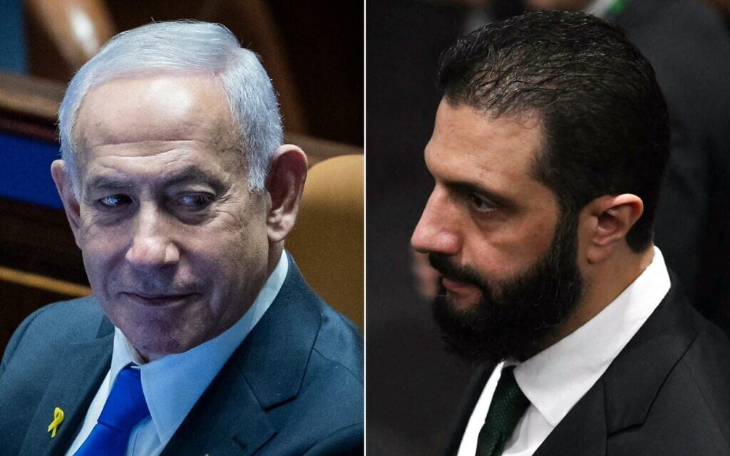 Prime Minister Benjamin Netanyahu (left) at the plenum hall of the Knesset, December 8, 2025. (Chaim Goldberg/Flash90); Syrian President Ahmed al-Sharaa (right) arrives at the General Plenary of Leaders at the COP30 UN Climate Change Conference in Belem, Para State, Brazil, on November 6, 2025. (Mauro PIMENTEL / AFP) Prime Minister Benjamin Netanyahu (left) at the plenum hall of the Knesset, December 8, 2025. (Chaim Goldberg/Flash90); Syrian President Ahmed al-Sharaa (right) arrives at the General Plenary of Leaders at the COP30 UN Climate Change Conference in Belem, Para State, Brazil, on November 6, 2025. (Mauro PIMENTEL / AFP)